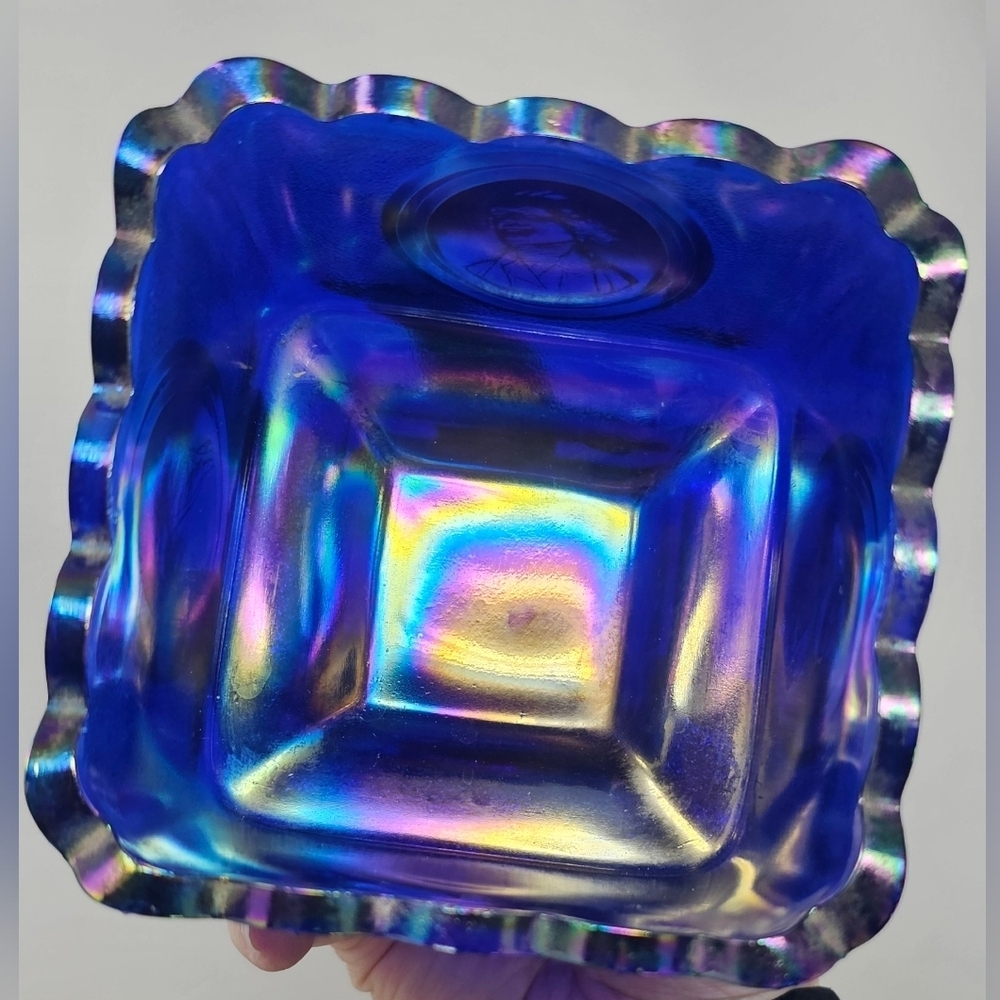 Fenton Cobalt Blue Carnival Glass Square Candy Dish Presidential Bicentennial - Picture 6 of 15